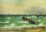 martinus rorbye fiskere fra skagen scetter en bad ud for gennem det oprorte hav at na en jagt i havsnod china oil painting reproduction